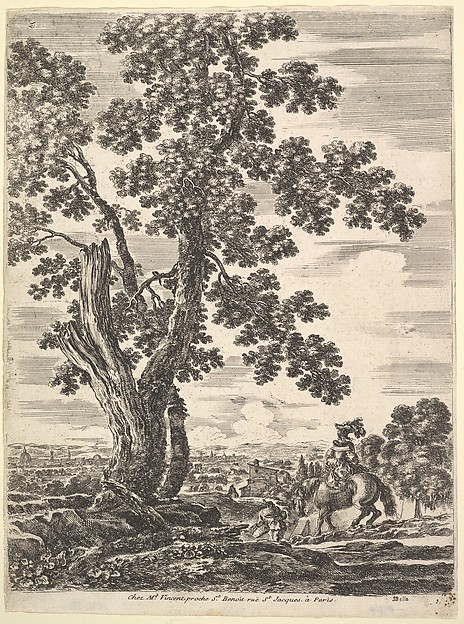 Stefano della Bella, A woman on horseback descending a hill, a large tree to the left, landscape of Florence in the background, from "Four large landscapes" (Quatre grands paysages en hauteur)