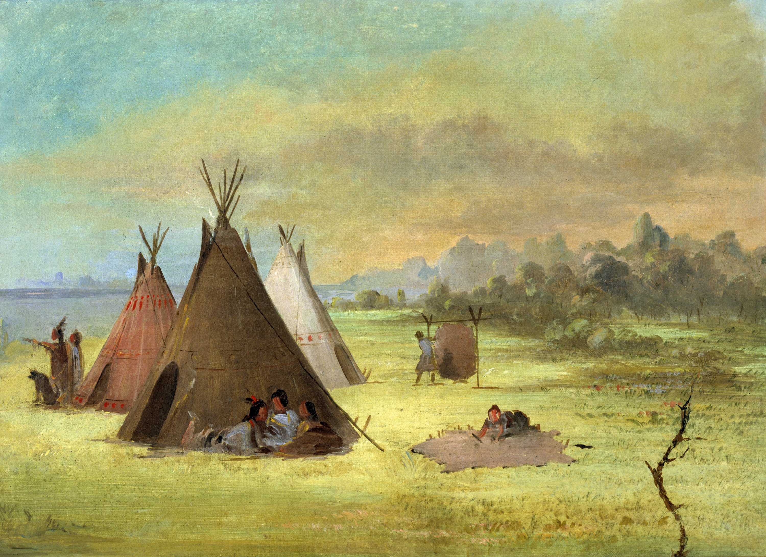 George Catlin, Indian Encampment, Comanche (or Kiowa) Dressing Skins, Red River