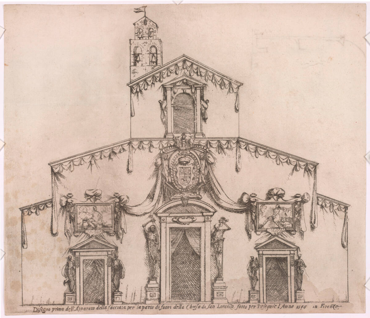 Anonym, Trauerarchitektur in der Basilica San Lorenzo, Florenz 1598, anlässlich der Begräbnisfeierlichkeiten zu Ehren Philipps II. von Spanien: Erste Zeichnung