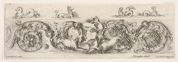 Stefano della Bella, Design for a Frieze with Acanthus Scrolls and a Child flanked by Dogs in the Center, plate 8 from "Decorative friezes and foliage" (Ornamenti di fregi e fogliami)