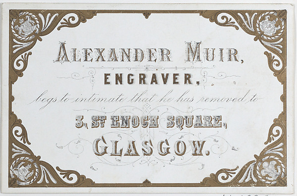 Anonymous, British, 19th century, Trade Card for Alexander Muir, Engraver