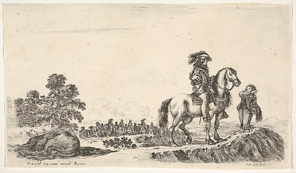 Stefano della Bella, A horseman facing right in profile asking a young man for directions, a dead horse to left, a group of horsemen to left in the background, from "Various figures and lands" (Diverse figure e paesi)