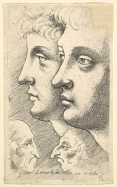 Wenceslaus Hollar, Two youths in profile to left with two grotesque heads facing each other below