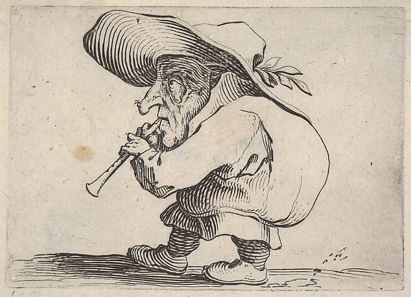 Jacques Callot, Small male figure playing a wind instrument, in profile view, from "Varie Figure Gobbi"