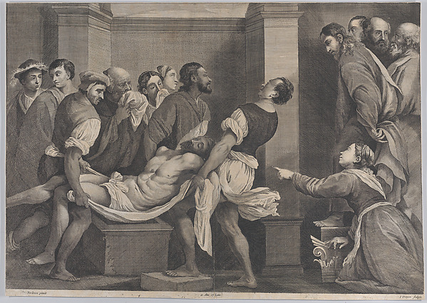 Jan van Troyen, The raising of Lazarus, who is carried by three men at left, while his sister and Christ look on at right; from 'Theatrum Pictorium', after Pordenone