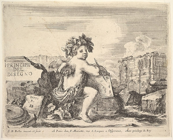Stefano della Bella, Plate 1: the genius of drawing, a child with wings, seated on a rock in center turned towards the right, holding a drawing pad and pen, ruins including a triumphal arch to right in the background, title page from "The Principles of Design" (I principii del disegno)