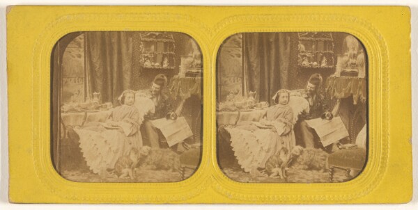 Unknown, [Genre scene: woman at table to feet propped on chair, man in hat next to her, dog and cat at their feet]