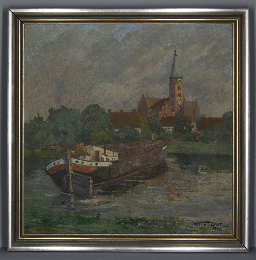 Werner Gast, Dominsel von Nordwesten mit Lastkahn, 1922