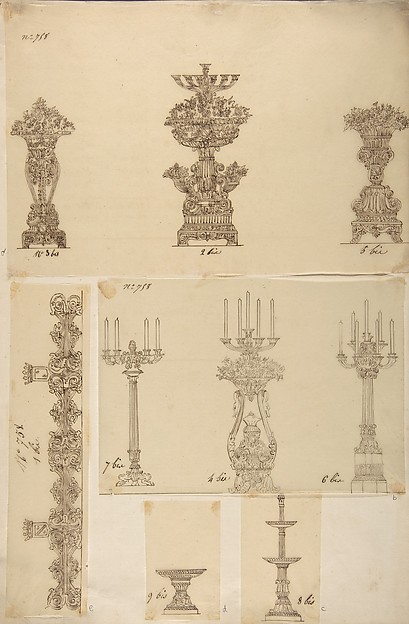 Anonymous, French, 19th century, Designs for Three Planters, Three Candelabras, a Dish and a Serving Tray