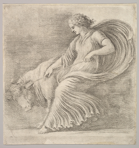 Stefano della Bella, A woman in profile pulling back on a rope tied around the horns of a young bull