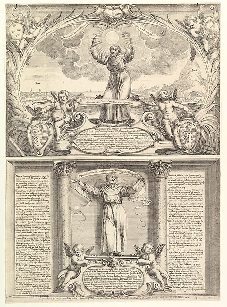 Stefano della Bella, Decoration for a Thesis in Honor of Saint Francis Solano in two parts: the top part with Saint Francis Solano, arms raised and a sun in his hands, Mount Potosí at right; lower part with the doctor of the church holding a banner and two putti below