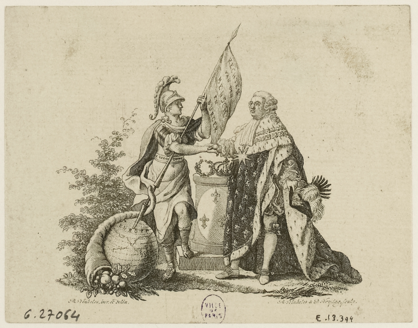Reinier Vinkeles, Louis XVI et figure allégorique se serrant la main. Frontispice pour la 3ème livraison des Tafereelen van de Staatsomwenteling in Frankrijk (1794-1807). Révolution française.
