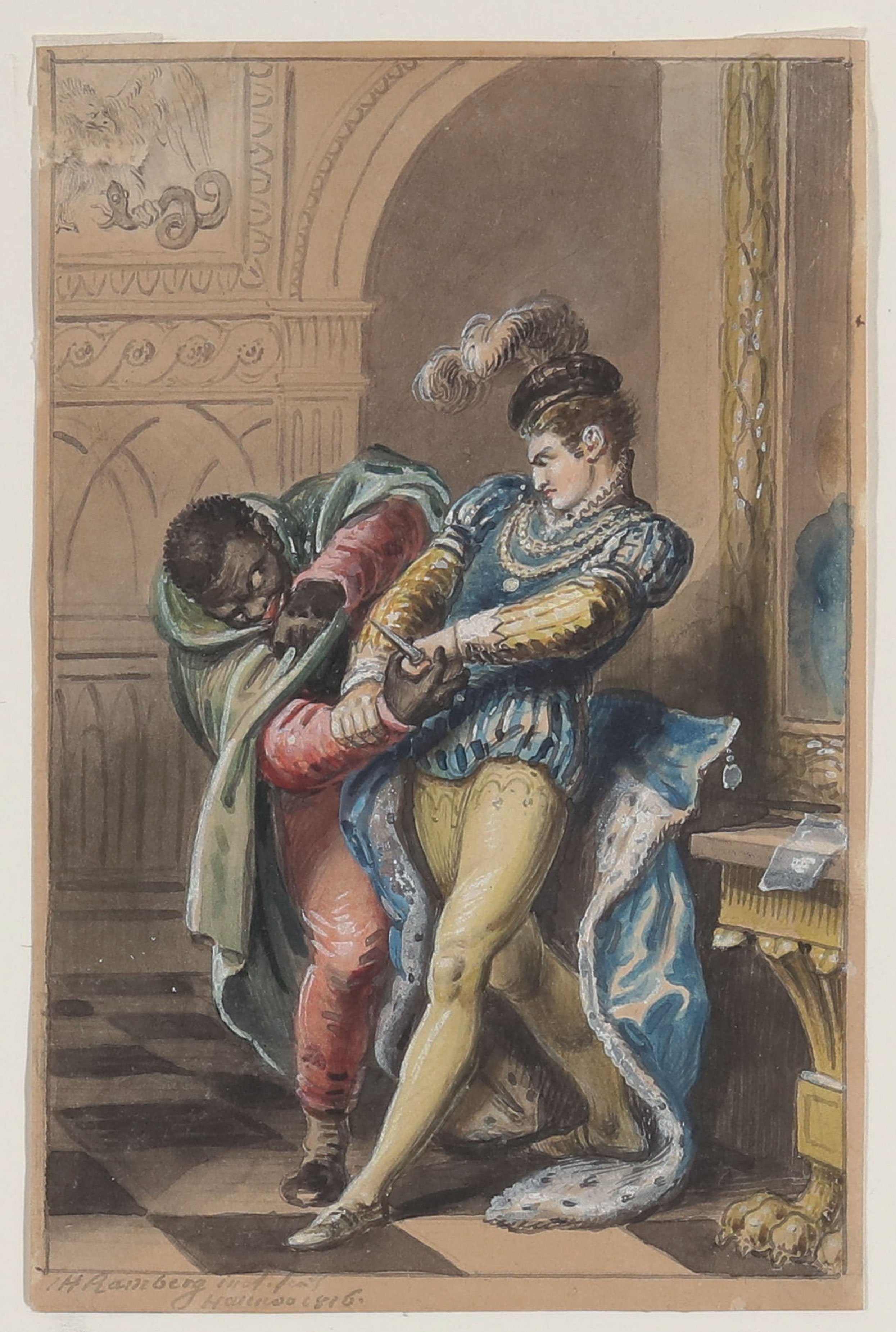 Johann Heinrich Ramberg, Der Fehlstoß [Illustration zu Friedrich Schillers "Die Verschwörung des Fiesco zu Genua", 1. Aufzug, 9. Auftritt]