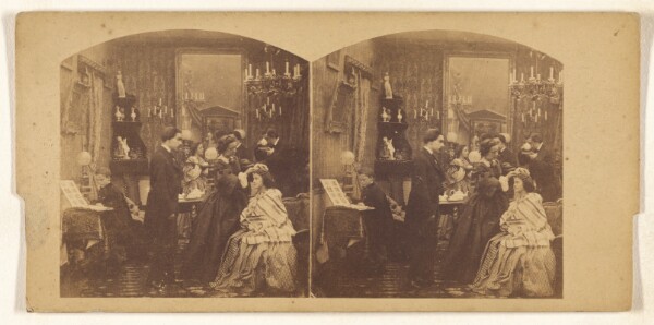 Unknown, [Group of people in a palour, with one woman fixing anothers hair.]