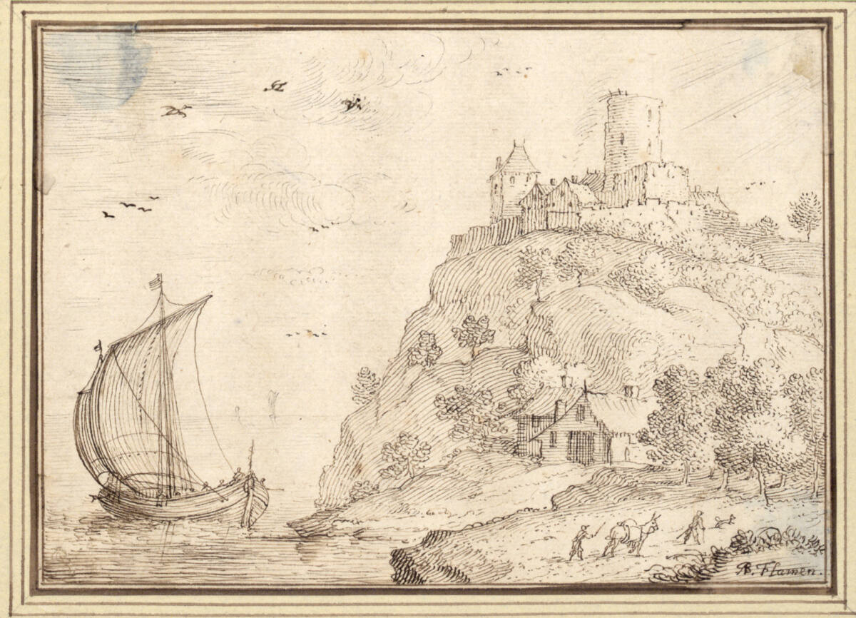 AlbertFlamen, Felsküste mit Burg und einem Segelboot (II-26)