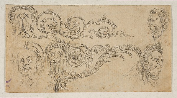 Stefano della Bella, Plate 4: five grotesque heads, from "Friezes, foliage, and grotesques" (Frises, feuillages et grotesques)