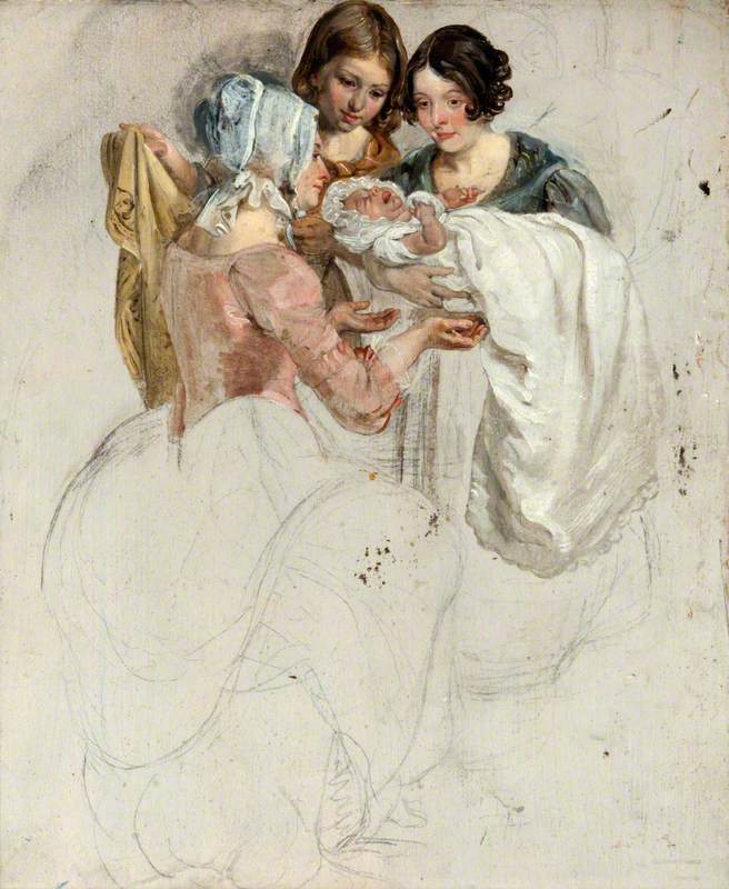 George Harvey, A Girl and Two Women, Standing and Holding a Baby (study for 'The Covenanters' Baptism')