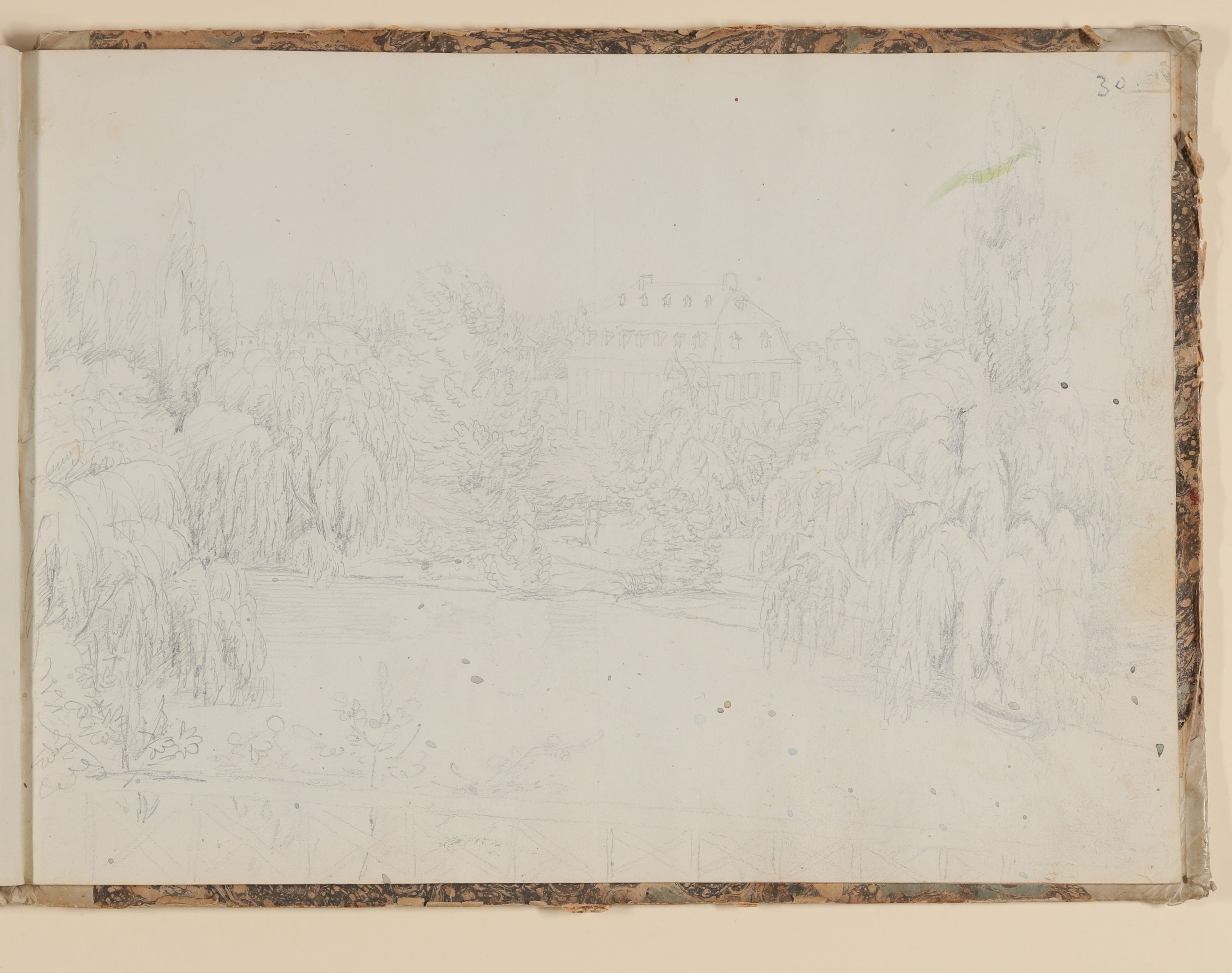 Rosette Städel, Gutshof in einer Parklandschaft [aus einem Skizzenbuch der Rosette Städel, Blatt 30r]