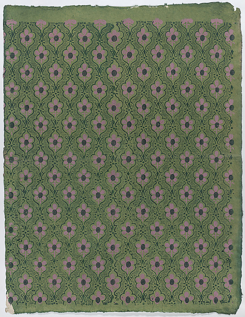 Anonymous, Sheet with overall pink floral pattern on green background