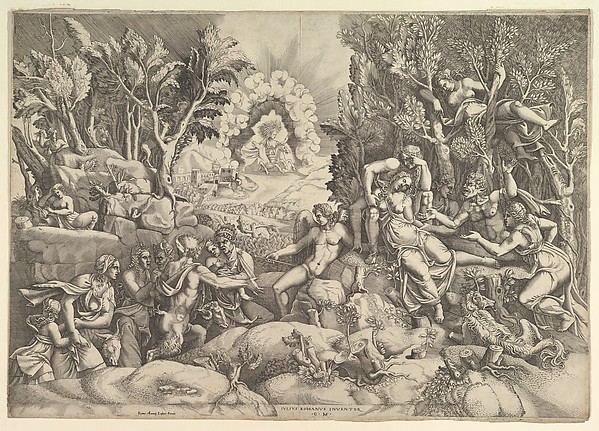Giorgio Ghisi, The Death of Procris; Cephalus mournig the death of Procris on the right surrounded by Cupid and mourning satyrs and nymphs, the goddess of dawn in her chariot in the background