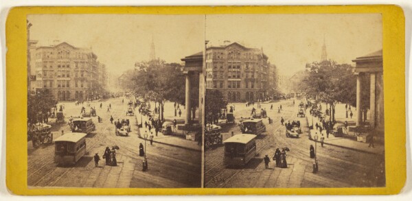Edward and Henry T. Anthony & Co., Park Row, from Tryon Row, the City Hall Park on the right - showing the Times Building, and a distant view of St. Paul's Church