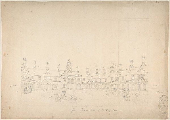 Anonymous, British, 19th century, View of a Courtyard Surrounded by Buildings in Gothic Style with Central Clock Tower