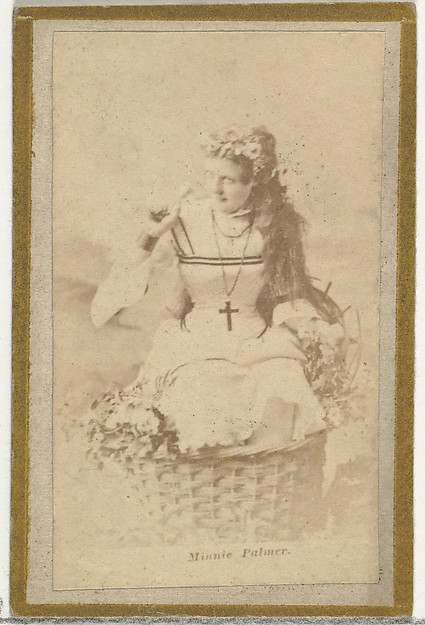 Allen & Ginter, Minnie Palmer, from the Actresses and Celebrities series (N60, Type 2) promoting Little Beauties Cigarettes for Allen & Ginter brand tobacco products