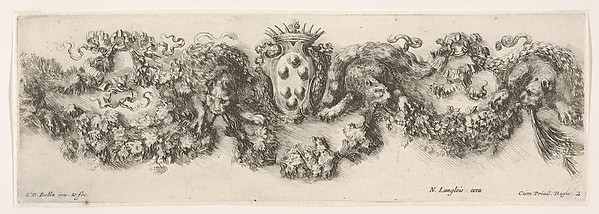 Stefano della Bella, Design for a Frieze with Felines holding up a Garland and the Medici Coat of Arms in the Center, plate 2 from "Decorative friezes and foliage" (Ornamenti di fregi e fogliami)
