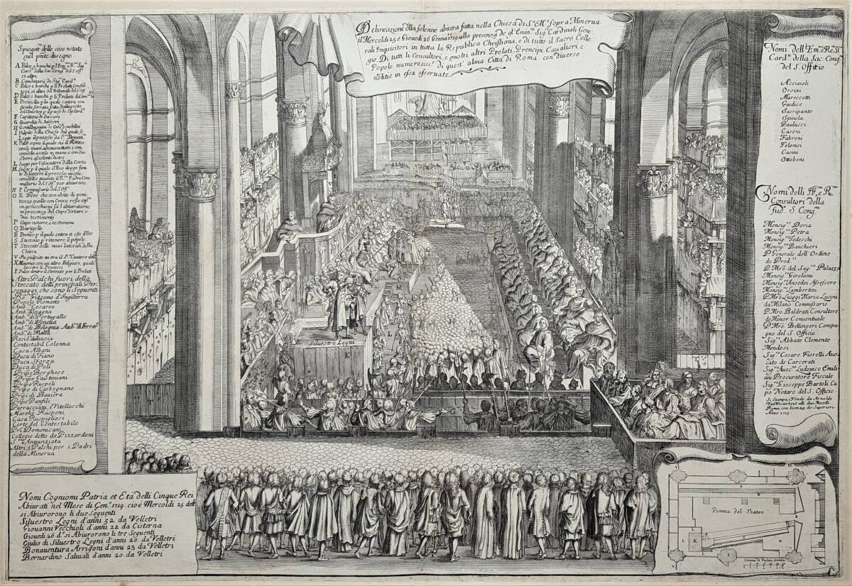 Anonym, Feierliche Abjuration durch Silvestro Legni und Giovanni Vecchioli vor dem Generalinquisitor in der Kirche Santa Maria sopra Minerva in Rom am 25. Jänner 1719