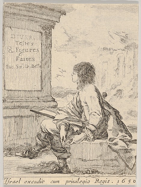 Stefano della Bella, Plate 1: a young man sitting on a stone, facing left in profile, holding a drawing pad in his lap and a pen in his left hand, a pedestal with title to left and ruins to right in the background, title page from "Various heads and figures" (Diverses têtes et figures)