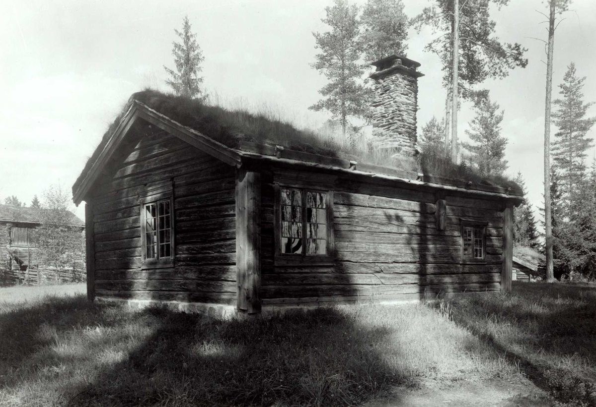 Gisle Midttun, Olen, Øvre Steien, Alvdal, Nord-Østerdal, Hedmark. Lita tømmerstue med torv på taket sett fra baksiden. Nå på Glomdalsmuseet.