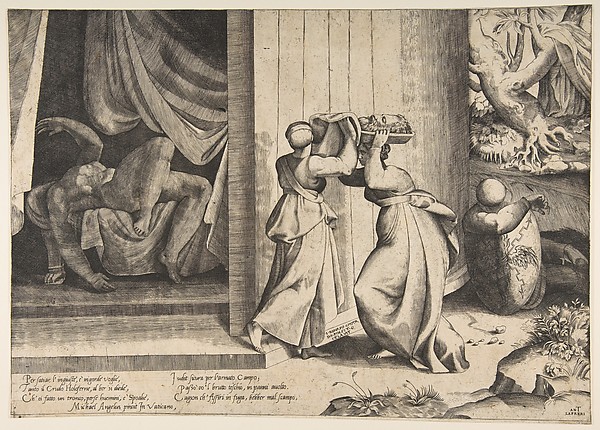Giulio Bonasone, Judith passing the head of Holofernes to her maidservant, the decapitated Holofernes inside the tent at left