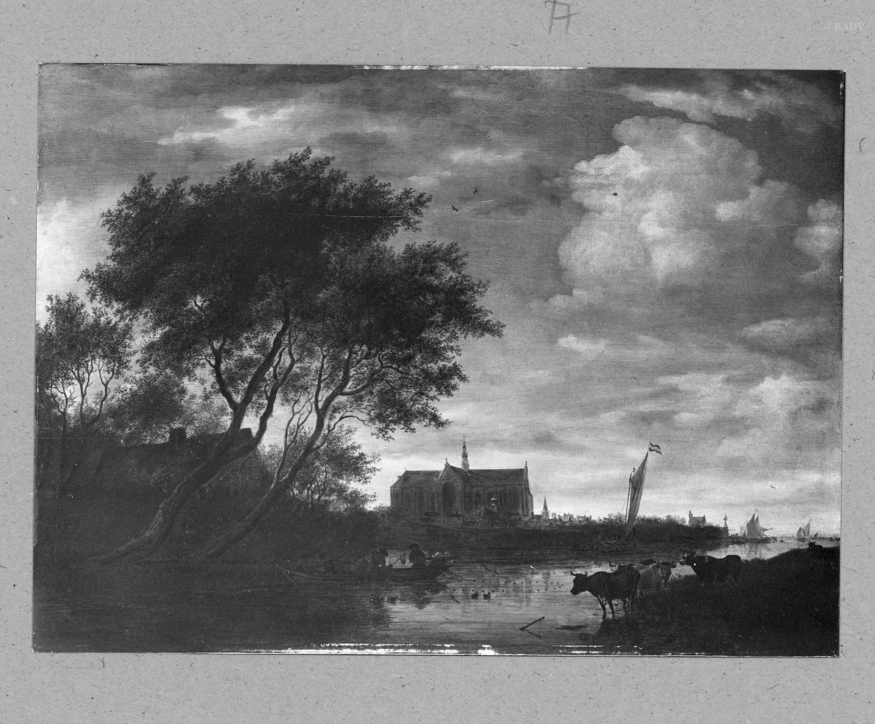 Salomon van Ruysdael, landscape (River ) with tree, church and cowes