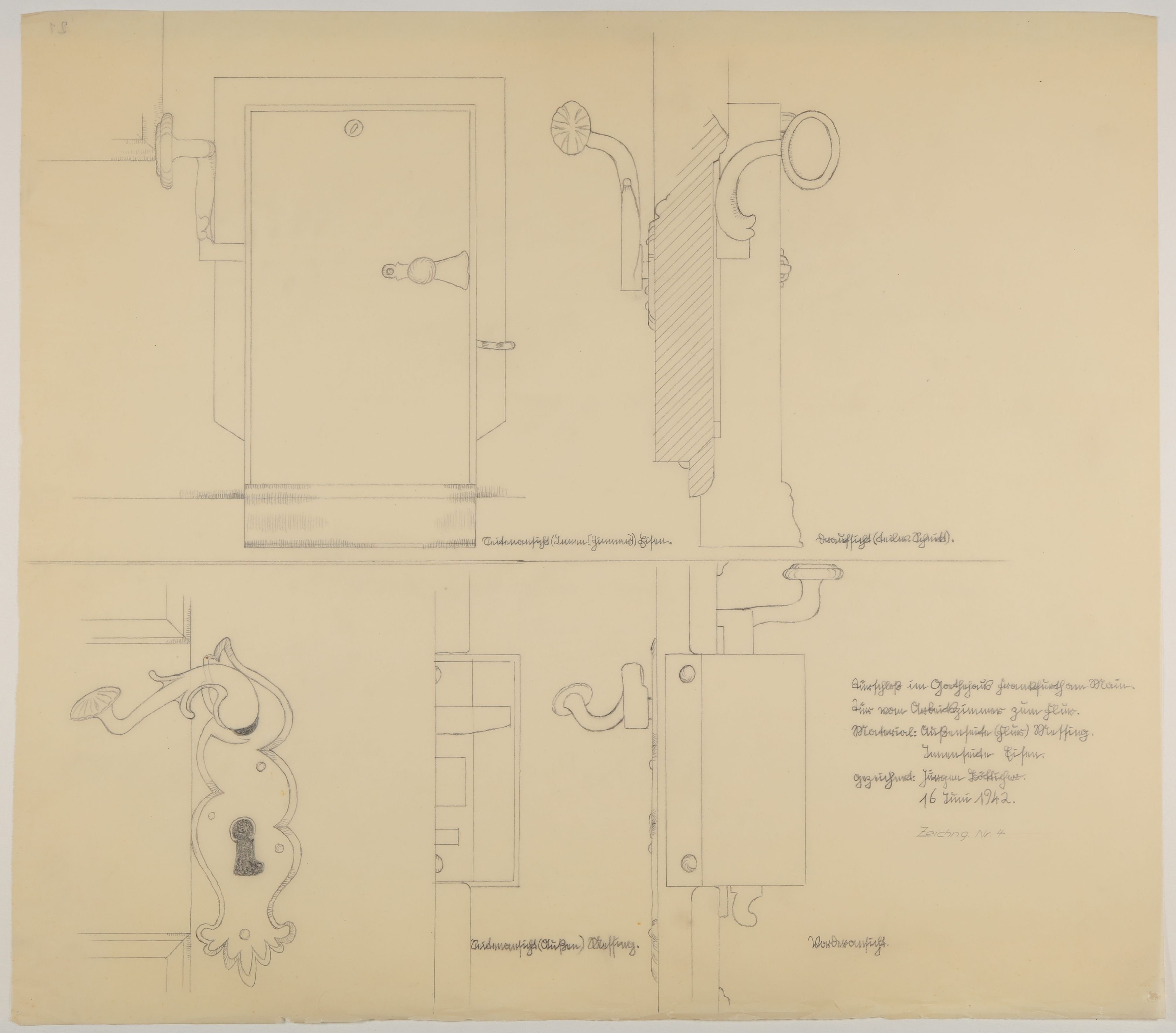 Jürgen Bötticher, Türbeschlag und Türschloss der Tür vom Arbeitszimmer zum Flur [aus einem Konvolut von 35 Detailzeichnungen des Frankfurter Goethe-Hauses]