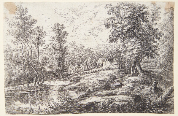 Lucas van Uden, Flodlandskab med huse og en kirke omkranset af en mur