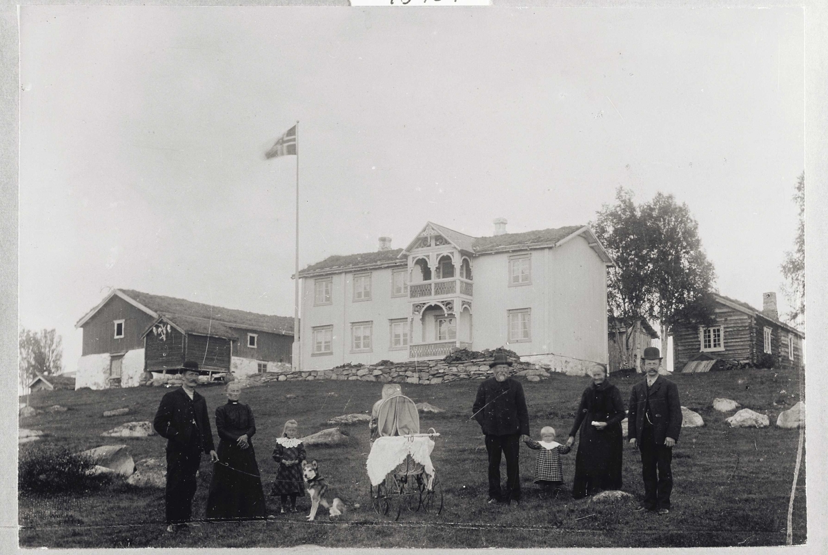 Rachel Haarseth, Gårdsbruk, flagg og flaggstang, personer, barnevogn, hund.