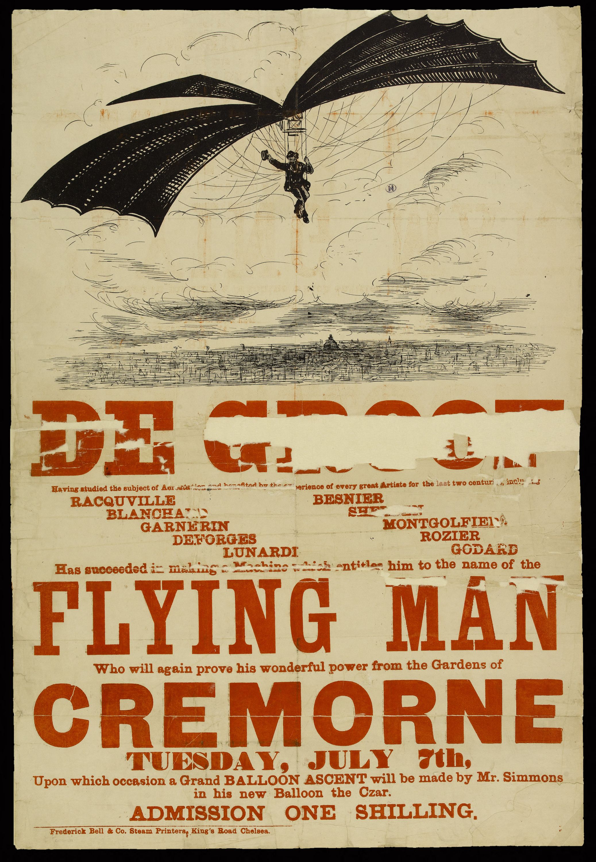 Anonyme, the FLYING MAN/ Who will again prove his wonderful power from the Gardens of/ CREMORNE/ TUESDAY, JULY 7th