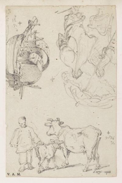 George Chinnery, A cow and calf, a Tanka boat, and a Macanese woman and servant