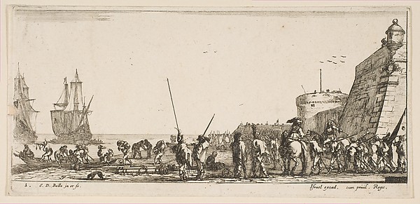 Stefano della Bella, Plate 1: soldiers waiting to board a ship, from 'Various Embarkations' (Divers embarquements)