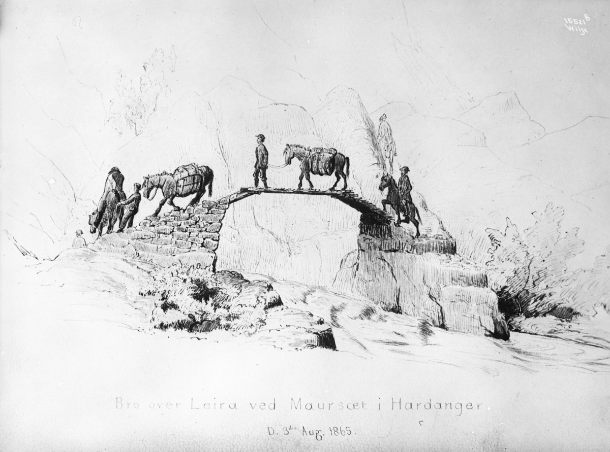 Anders Beer Wilse, Prot: Turistforeningen Copi tegninger Tekst på tegning: Bro over Leira ved Maursæt i Hardanger den 3die Aug 1865