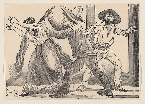 José Guadalupe Posada, A man grabbing a woman by her sleeve and stabbing her, from a broadside entitled 'The murder of Leandra Martinez by her brother, Manuel'