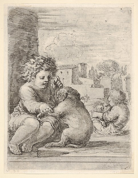 Stefano della Bella, Child teaching a dog to sit, the child seated to left against a wall, teaching the dog to sit on its hind legs, another child embracing a dog to right in the background