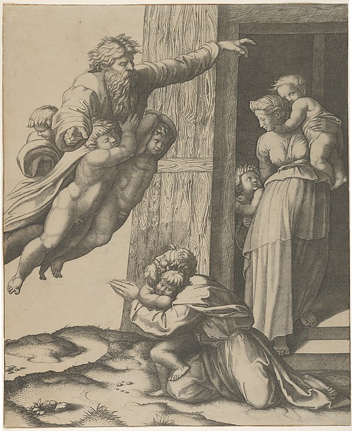 Marcantonio Raimondi, God carried by angels, appearing to Noah and his family, after the Flood