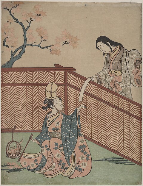 Suzuki Harunobu, Warming the Sake by Maple Leaf Fire