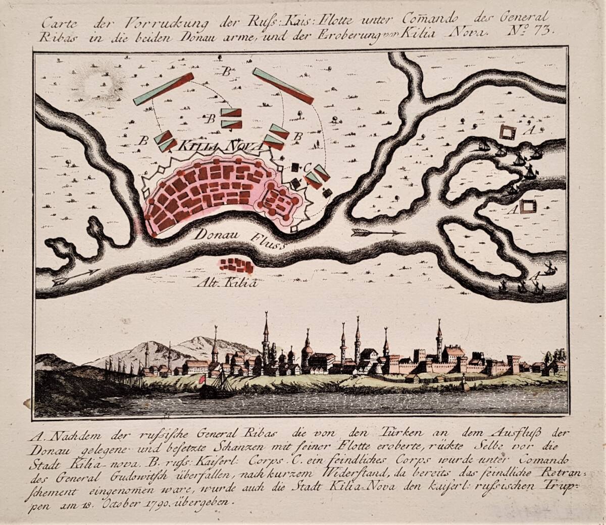 Anonym, Karte der Eroberung der türkischen Festungsstadt Kilija an der Donau durch russische Truppen im Oktober 1790