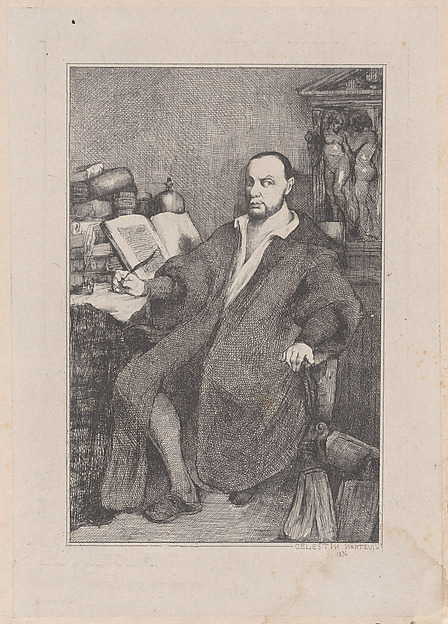 Célestin Nanteuil, Seated Man with Quill in his Right Hand at Desk Littered with Books