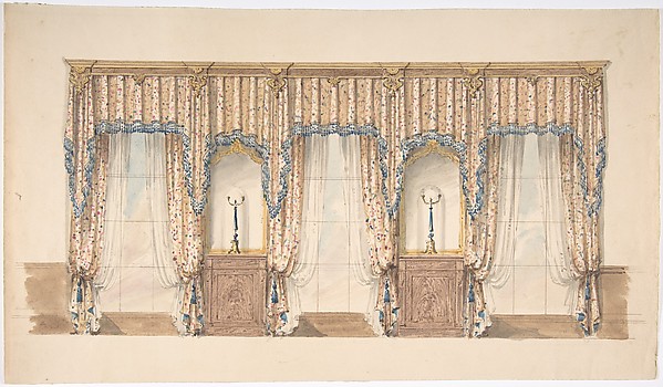 Anonymous, British, 19th century, Design for Pink, Gold, Blue and White Curtains with Blue Fringes and a Gold and Wood Pediment