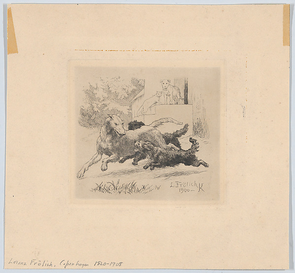 Lorenz Frølich, Three dogs playing at center, with a cat and a dog watching in the background