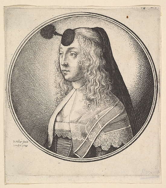 Wenceslaus Hollar, Woman with houpette on forehead turned to left, from "Women's Heads Framed in Roundels"