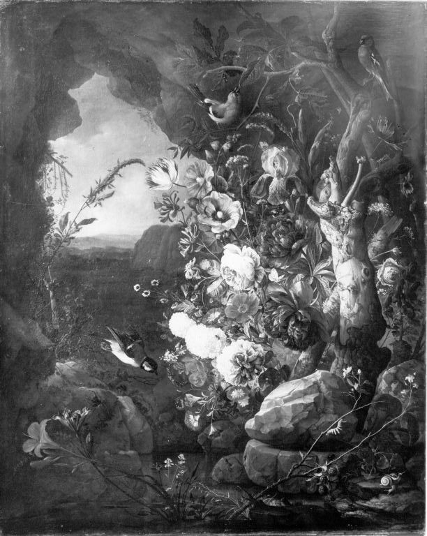 Jan Davidsz. de Heem, Flowers surrouding a dead tree, in a grotto
